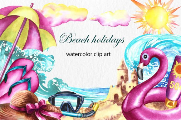 Beach Holidays Watercolor Clipart Illustrations