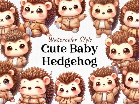 Bundle Watercolor Cute Hedgehog PNG: Editorial Illustrations