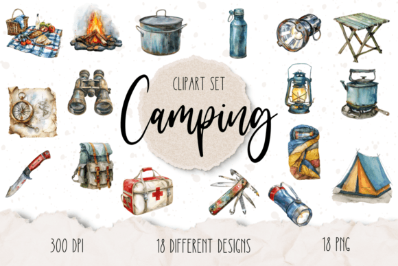 Camping Watercolor Clipart Set: Illustrations for Crafters