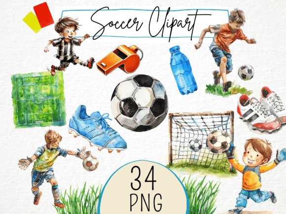 Cute Soccer Kids Watercolor Clipart Illustrations