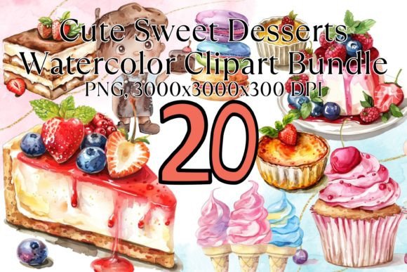Cute Sweet Desserts Watercolor Clipart Illustrations