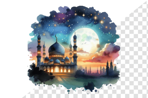 Eid Night Sky Mosque Serene Watercolor Illustrations