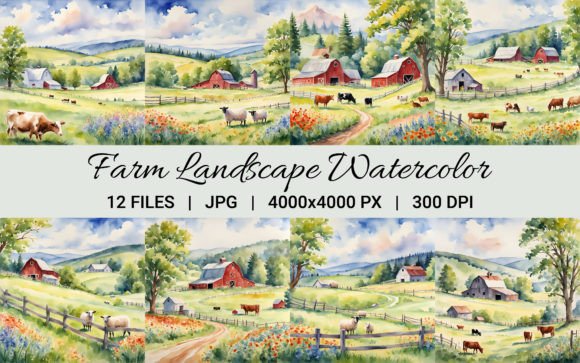 Farm Landscape Watercolor Illustrations for Crafters