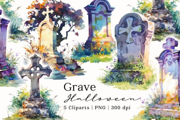 Halloween Grave Stone Watercolor Clipart Illustrations
