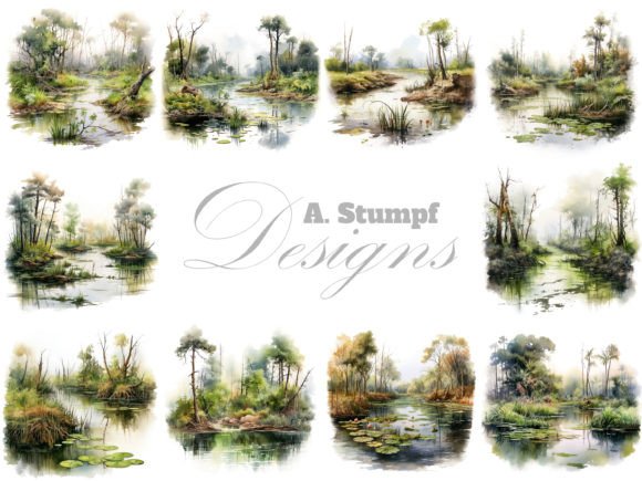 Swamp Landscape Watercolor Clipart Set: Editorial Illustrations