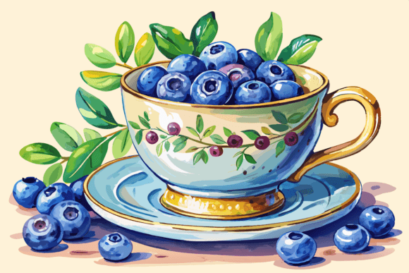Teacup with Blueberries Watercolor Illustrations