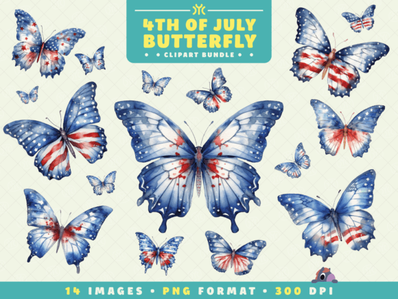 Watercolor 4th of July Butterfly Clipart Illustrations