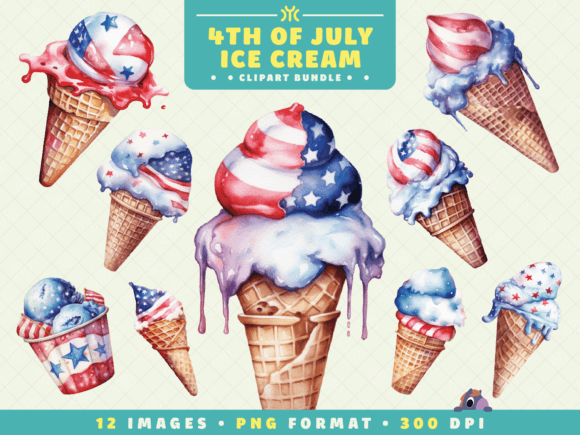 Watercolor 4th of July Ice Cream Clipart Illustrations