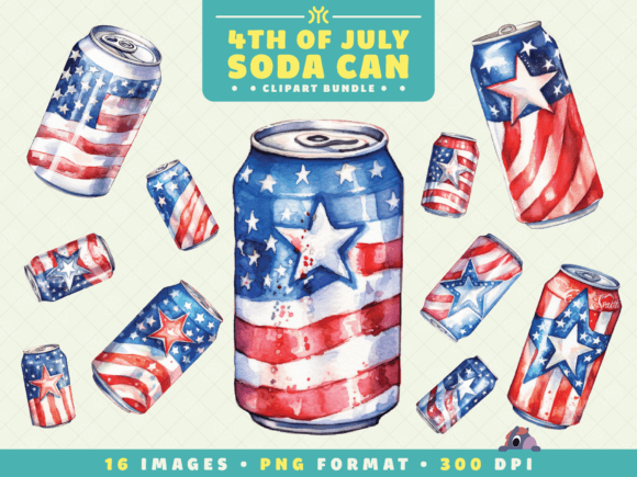 Watercolor 4th of July Soda Can Illustrations