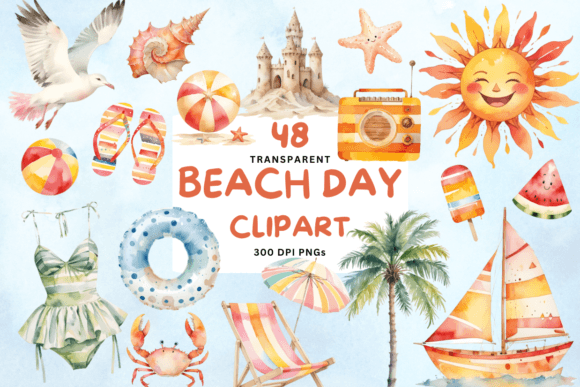 Watercolor Beach Day Clipart: Illustrations for Branding