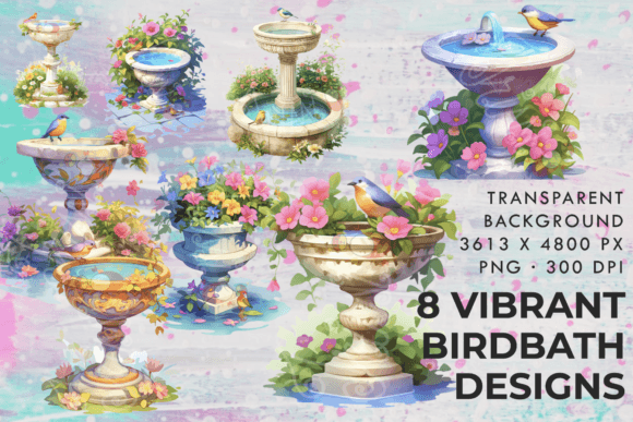 Watercolor Birdbath Floral Illustrations for Editorial
