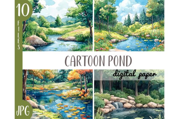 Watercolor Cartoon Pond Clipart JPG for Illustrations