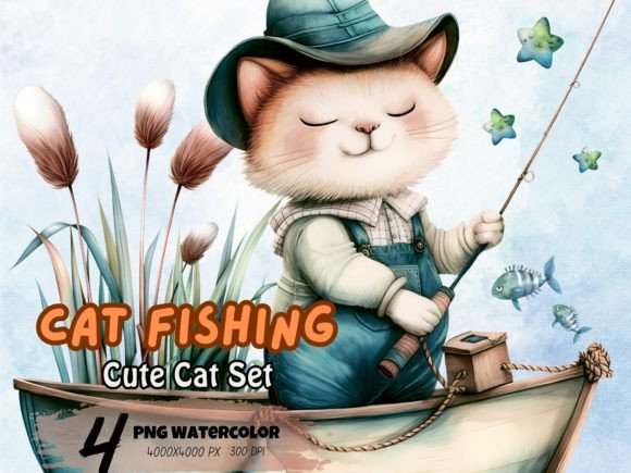 Watercolor Cute Cat Fishing Illustrations for Blogs