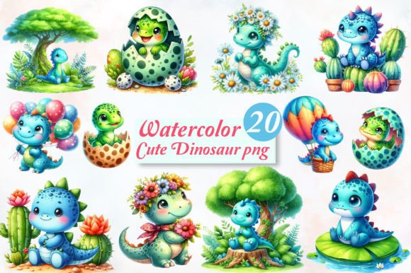Watercolor Cute Dinosaur Clipart Bundle Illustrations