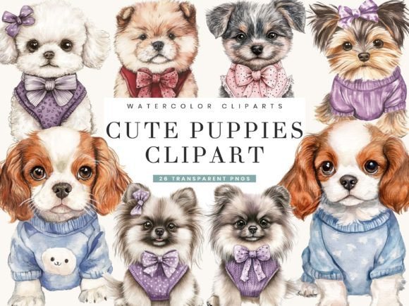 Watercolor Cute Puppies Clipart Bundle: Editorial Illustrations
