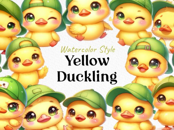 Watercolor Cute Yellow Duckling Clipart Illustrations