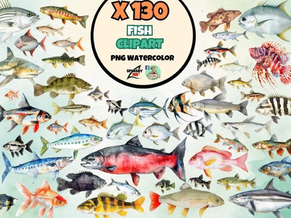 Watercolor Fish Bundle Clipart: Editorial Illustrations