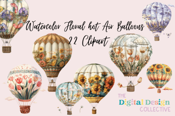 Watercolor Floral Hot Air Balloons Illustrations