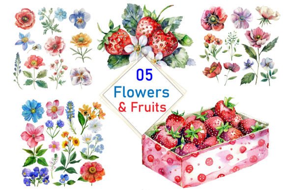 Watercolor Flowers Fruits Clipart Set: Editorial Illustrations