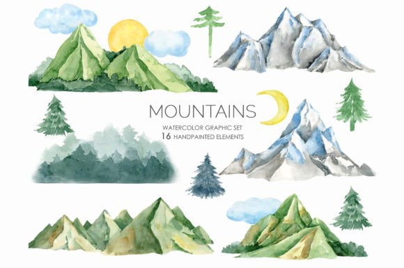 Watercolor Forest Mountains Clipart for Embroidery