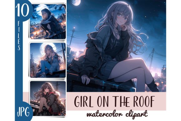 Watercolor Girl on the Roof Clipart JPG Review