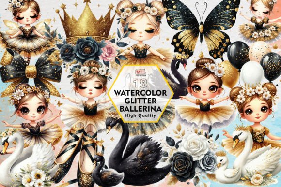 Watercolor Glitter Ballerina Clipart PNG Illustrations