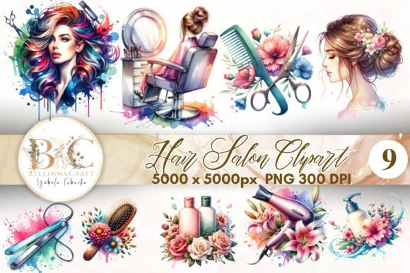 Watercolor Hair Salon Clipart Bundle Illustrations