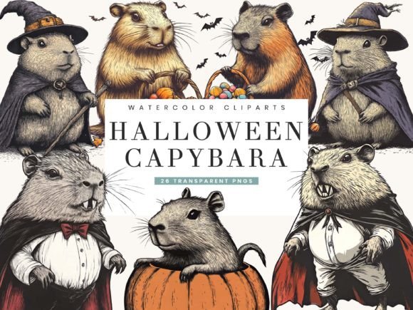 Watercolor Halloween Capybara Clipart Illustrations