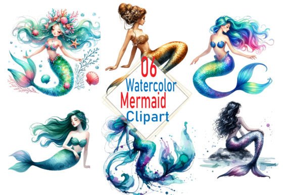Watercolor Mermaid Clipart Illustrations for Editorial