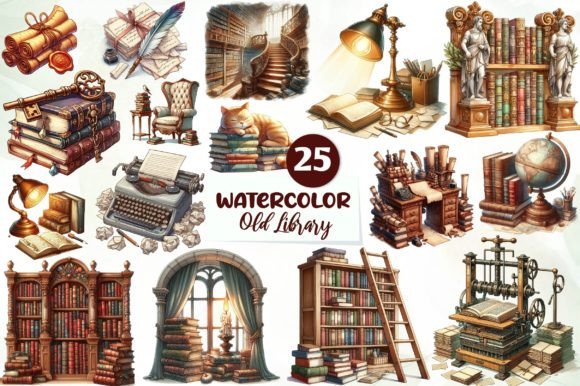Watercolor Old Library Illustrations for Sublimation