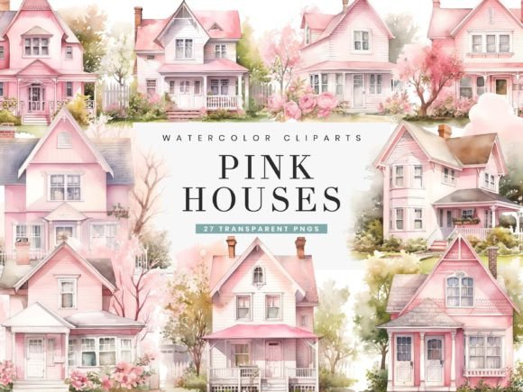 Watercolor Pink Houses Illustrations for Editorial Design