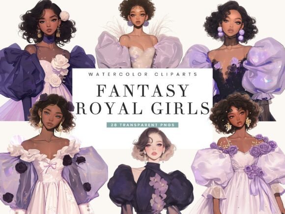 Watercolor Royal Fantasy Girl Clipart Illustrations