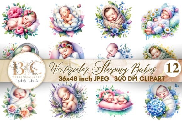 Watercolor Sleeping Baby Clipart for Brand Illustrations