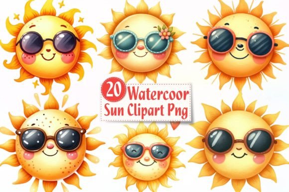 Watercolor Sun Clipart Bundle Summer PNG Illustrations