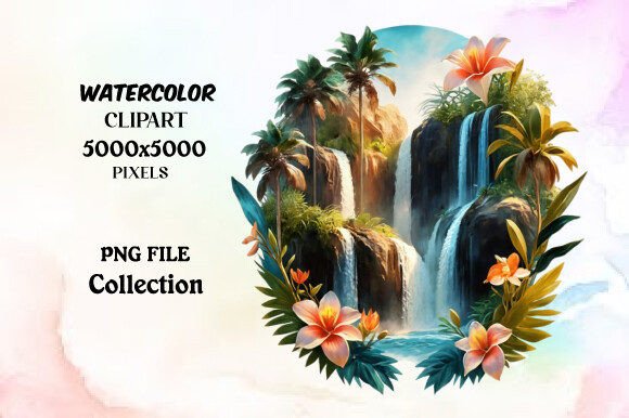 Watercolor Tropical Waterfalls Clipart: Editorial Illustrations