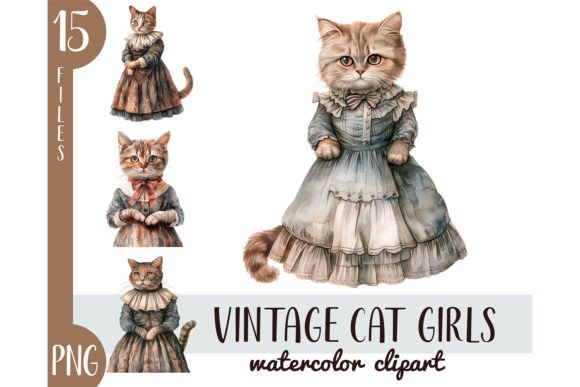 Watercolor Vintage Cat Girls Clipart PNG Illustrations